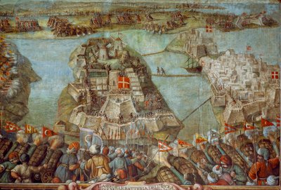 这幅壁画描绘的是 1565 年土耳其围攻马耳他的情景。艺术品。 作者 詹姆斯·L·斯坦菲尔德