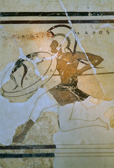 Hoplitodromos 又名 hoplitodromia 转轮的壁画。雅典卫城博物馆。希腊雅典。 作者 詹姆斯·L·斯坦菲尔德