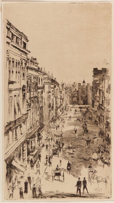 圣詹姆斯街；蚀刻版画 "圣詹姆斯街 "背面的平版印刷复制品，为 1878 年伦敦 <u>Vanity Fair</u> 制作 作者 詹姆斯·阿博特·麦克尼尔·惠斯勒