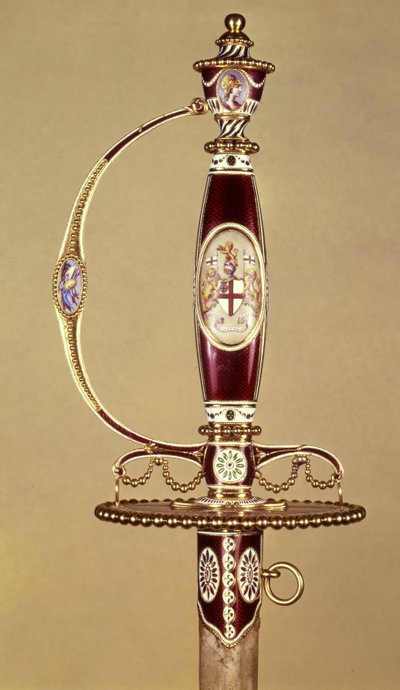 由东印度公司向詹姆斯·哈特利上校（1745-99）献上剑的刀柄，由James Morisset（c.1766-c.1800）c.1780（金和珐琅）设定 作者 詹姆斯·莫里塞特