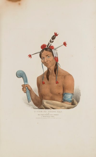 O-CHE-NA-SHINK-KAD，或 "站着罢工的人"；一位温尼贝戈酋长，选自《原住民作品集》。 作者 詹姆斯·奥托·刘易斯