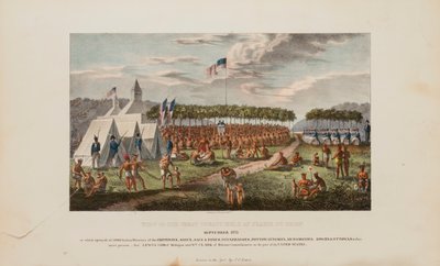 1825 年 9 月在普拉里杜奇恩（Prairie Du Chien）举行的大条约景观，摘自《原住民作品集 作者 詹姆斯·奥托·刘易斯