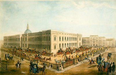 旧邮政总局和准备出发的皇家邮车的东北视图，约1830年（纸上水印）。 作者 詹姆斯·波拉德
