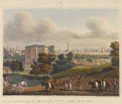布鲁塞尔市，从1815年前往Foret de Soignes的入口，带有障碍，1817年的“滑铁卢战役的历史记录”（彩色aquatint） 作者 詹姆斯·劳斯
