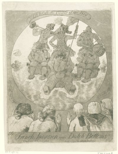 Spotprent op de Franse invasie，1795 年
法国入侵荷兰底特律。Ombres Chinoises / Terror the Order of the Day（标题见实物） 作者 詹姆斯·塞耶斯