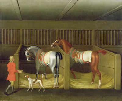 1747年，属于他的恩典，博尔顿公爵的马厩和两匹着名的奔马 作者 詹姆斯·西摩