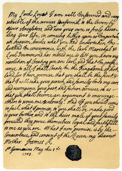 詹姆斯·爱德华·斯图亚特（James Edward Stuart）1703年5月3日给圣日耳曼洛瓦特勋爵西蒙·弗雷泽的信。 作者 詹姆斯·斯图尔特
