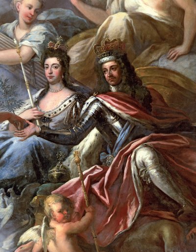 彩绘大厅的天花板，国王威廉三世1650-1702和玛丽二世女王的细节1662-94 Enthroned，1707-14见208087 作者 詹姆斯·桑希尔