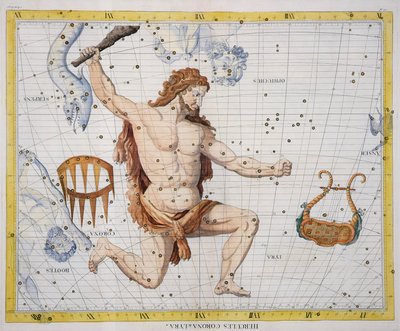 Corona和Lyra的赫拉克勒斯星座，来自&39;Atlas Coelestis&39;的21号板，John Flamsteed（1646-1710），于1729年出版（手工彩色雕刻） 作者 詹姆斯·桑希尔