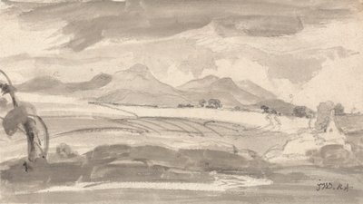 远眺田野远山，右边有小屋 作者 詹姆斯·沃德