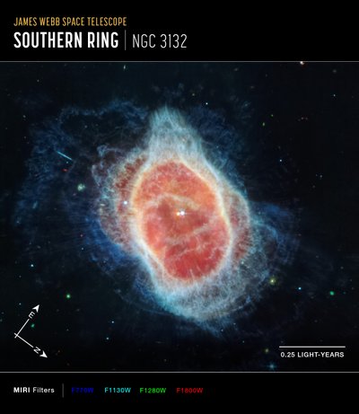 南环星云（MIRI 指南针图像） 作者 詹姆斯韦伯太空望远镜 (NASA)