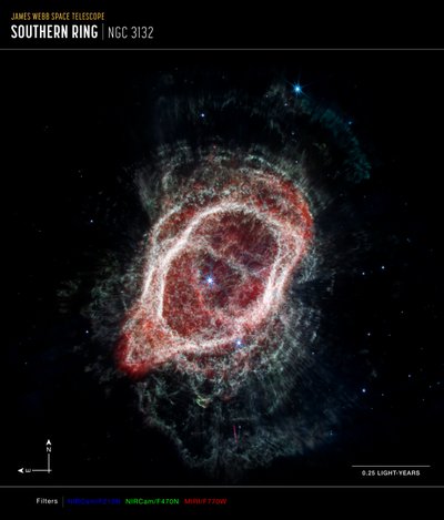 南环星云辐条（NIRCam 和 MIRI 合成罗盘图像） 作者 詹姆斯韦伯太空望远镜 (NASA)