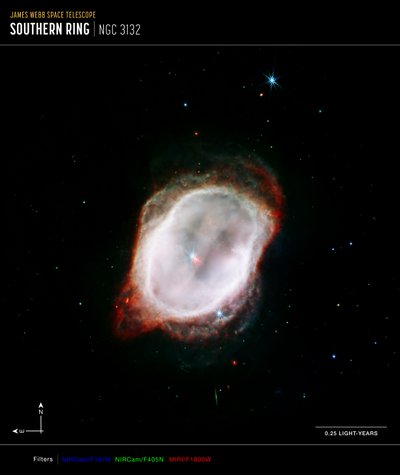 南环星云的气体（NIIRCam 和 MIRI 合成罗盘图像） 作者 詹姆斯韦伯太空望远镜 (NASA)