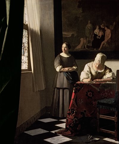 夫人与女佣写一封信，约1670年（布面油画） 作者 Johannes Vermeer