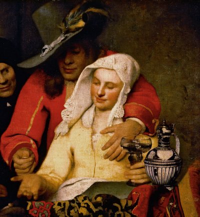 一个男人向一个触摸她乳房的女人伸出一枚硬币，细节来自 The Procuress 作者 Johannes Vermeer
