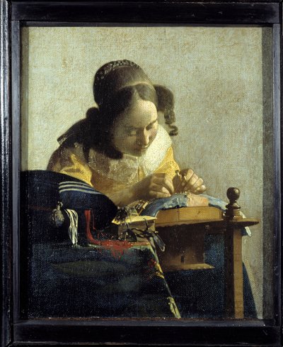 The lace. Painting by Jan (Johannes) Vermeer of Delft (1632-1675), circa 1658-1660. Oil on canvas. Dim: 0,24x0,21m. Louvre Museum. 作者 约翰·维米尔