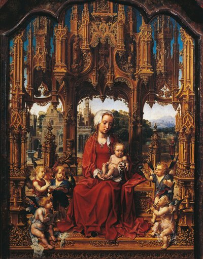 麦当娜与孩子和天使音乐家，马尔文三联画的中央面板 作者 一月（c.1472-c.1533）戈萨尔特