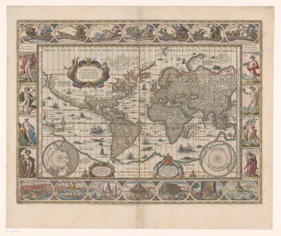 带装饰边框的世界地图
Nova totius terrarum orbis geographica ac hydrographica tabula 作者 约翰内斯·威廉森·布劳