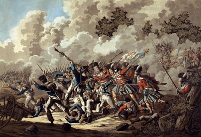 1815年在滑铁卢战役期间，高地人La Haye Sainte击败了法国卫队（彩色aquatint） 作者 扬·安西妮·兰根迪克（Jan Anthonie Langendyk）