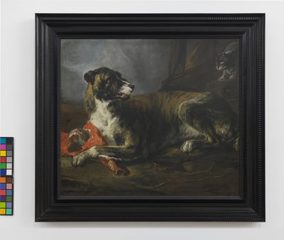 一只野猪猎犬拿着肉块靠近一只愤怒的猫，约 1647-55 年（布面油画） 作者 Jan Baptist Weenix