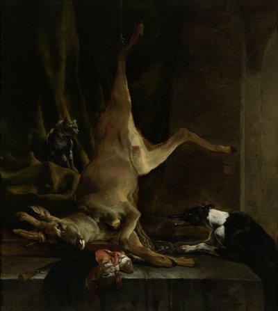 一只狗和一只猫靠近一只部分剖腹的鹿 作者 Jan Baptist Weenix