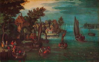 有荷兰船只和渡船的繁忙河景》，约1605年 作者 Jan Bruegel The Elder