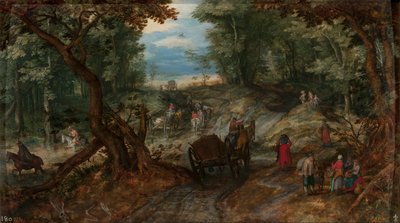 森林中的马车和骑手穿过溪流 作者 简·布鲁格（Jan Brueghel）