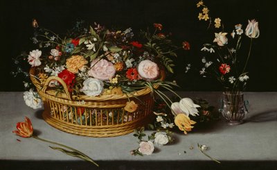 带篮子和花瓶的静物》，约1620年。 作者 扬·布鲁格（Jan Brueghel）
