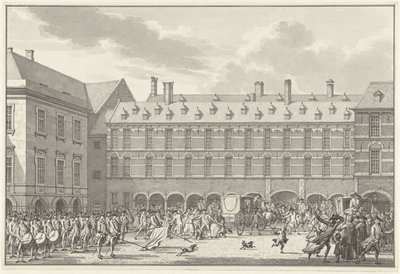 1786 年，多德雷赫特议员骑马通过宾嫩霍夫的 Stadholder Gate 时发生骚乱 作者 扬·布特胡斯（Jan Bulthuis）