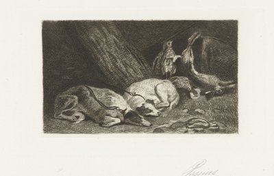 两只狗在狩猎战利品旁休息 作者 Louis Antoine Carolus（拒绝归属）