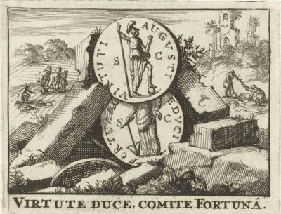 放置在石堆上的罗马钱币
Virtute Duce，Comite Fortuna（物品上的标题） 作者 Jan Claesz 十霍恩