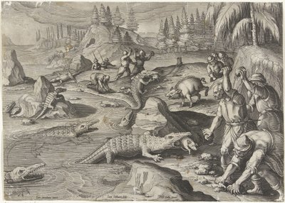 捕捉鳄鱼
狩猎场景（系列标题）
Venationes Ferarum, auium, piscium pvgnae Bestiariorum（系列标题） 作者 飞利浦加勒