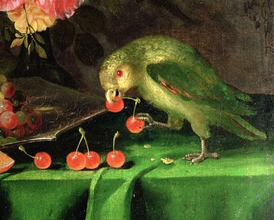 果子和花静物画，鹦鹉油的细节在帆布细节的100411 作者 Jan Davidsz de Heem