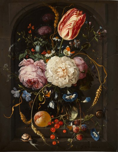 玻璃花瓶中的鲜花与石龛中的昆虫和水果的静物画 作者 简·戴维兹.德海姆