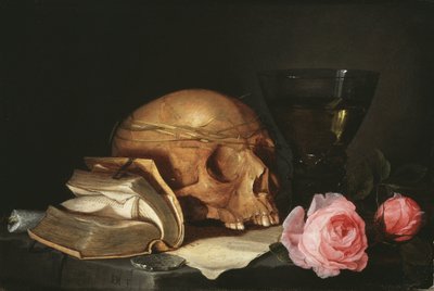 Vanitas，带有头骨，一本书和玫瑰的静物画-Vanitas带有头骨，一本书和玫瑰的静物画，作者：Heem，Jan Davidsz。的 作者 扬·戴维兹·德·海姆（Jan Davidsz de Heem）