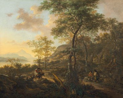 一幅意大利风格的晚间风景画，约1650年。 作者 Jan Dirksz两者