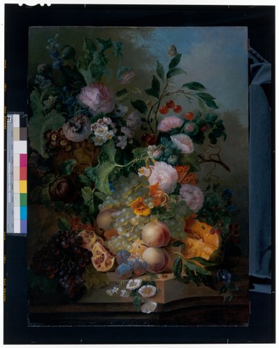 有花、梨、葡萄、樱桃、甜瓜和蝴蝶的静物画 作者 扬·埃弗特·莫雷尔
