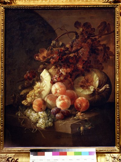 桃子静物画。扬-弗兰斯-范松（1658-1718 年）的作品。布面油画，77 x 64 厘米 作者 扬·弗兰斯·范·桑