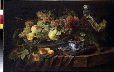 "有水果和鹦鹉的静物画 扬（约翰内斯）-菲特（1611-1661 年） 1645 年 尺寸：58.3x90.7 厘米 圣彼得堡艾尔米塔什博物馆 作者 扬·费特