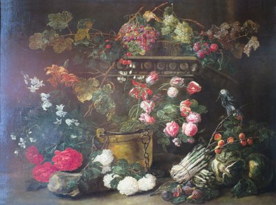 有花、水果和鹦鹉的静物画 作者 扬·费特