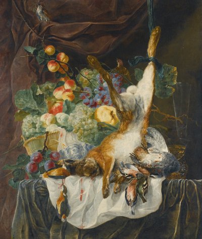 野兔、野味和鸣鸟的静物画，再配上窗台上篮子里的水果静物画 作者 扬·费特