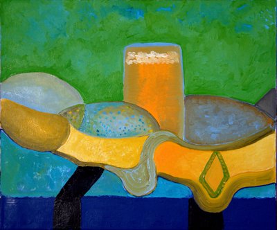 有啤酒和鱼的静物，2009年（布面油画） 作者 扬·格罗内伯格