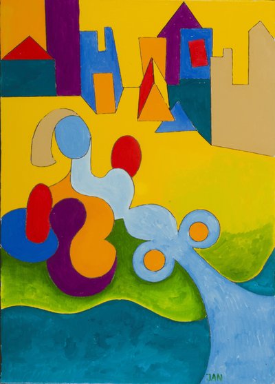 在城镇边缘享受日光浴，2009年（布面油画） 作者 扬·格罗内伯格