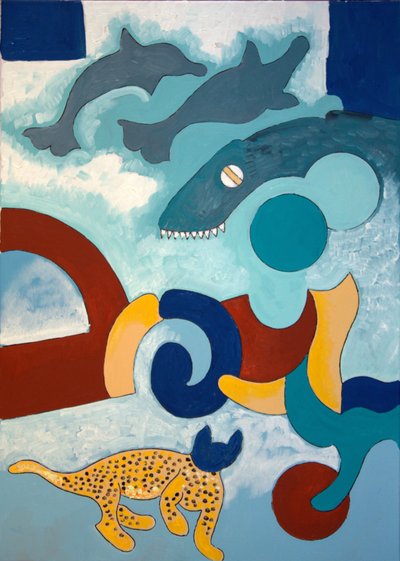 豹子有一个蓝色的头，2009年（布面油画）。 作者 扬·格罗内伯格