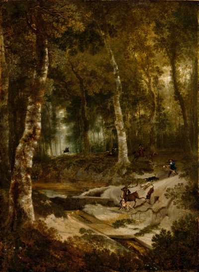 与雄鹿狩猎的森林风景，c.1665 作者 简·哈克特