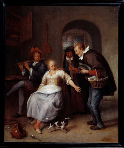 一个遗忘的商人 糕点的旅行推销员。 Jan Steen (1626-1679) 1678 年作画。 0,35x0,3 m 鲁昂，Musee des Beaux Arts 作者 扬·哈维克斯（Jan Havicksz）。斯汀