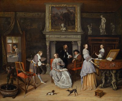 与Jan Steen和Gerrit Schouten家族的《 Fantasy Interior》，约1659-60年（布面油画） 作者 扬·哈维克斯（Jan Havicksz）。斯汀