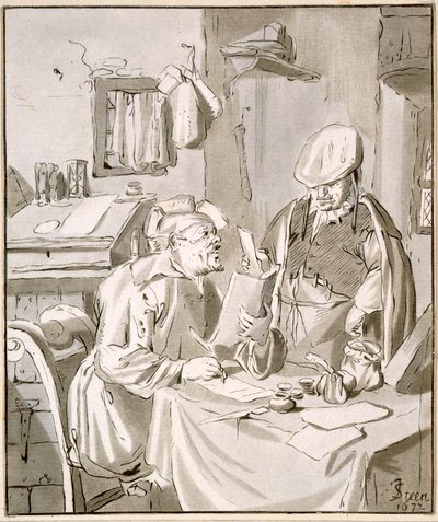 两名男子在办公室里讨论钱，1672年，由Cornelis Ploos van Amstel（1726-98）或Christian Josi（1765-1828）复制 作者 扬·哈维克斯佐恩·斯汀
