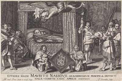 普林斯-莫里斯的天堂之床，1625 年
Effigies magni Mauritii Nassouii, arausionensium principis &c.四月 MDCXXV（物上标题） 作者 扬·亨德里克斯。播送