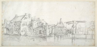 有建筑物的运河，包括收费站和收费桥，约 1650 年（白纸上的黑色粉笔） 作者 扬·约瑟夫斯。 van (circle of) Goyen